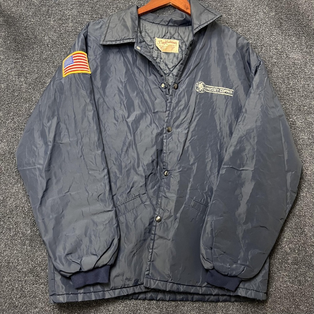 Vintage Pro Knitwear‎ Jacket Mens Large Blue Hussey Copper USA Flag Windbreaker